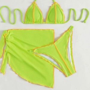 SHEIN 3pc Ribbed Contrast Binding Halter Triangle Bikini Swimsuit & Skirt